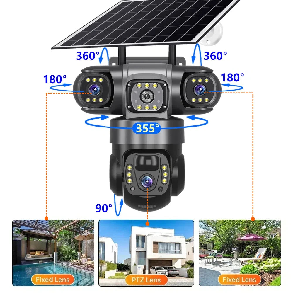 12MP 6K  Outdoor Solar 4G Camera Three Lens Three Screen PIR Motion Detection Cam Waterproof Night Vision Smart Security CCTV