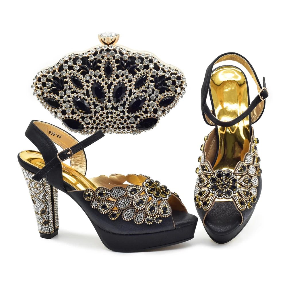 Style Matching Bag and Shoes Set Italian Women Design Shoes Matching Bag Decorated with Rhinestone Luxury Pumps Women