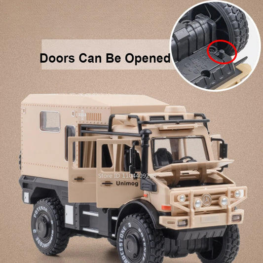1:28 Scale Unimog U5000 Land Rover Defender Toy Car Model Rubber Tire Alloy Diecast Sound Light Off-Road Vehicle Toy