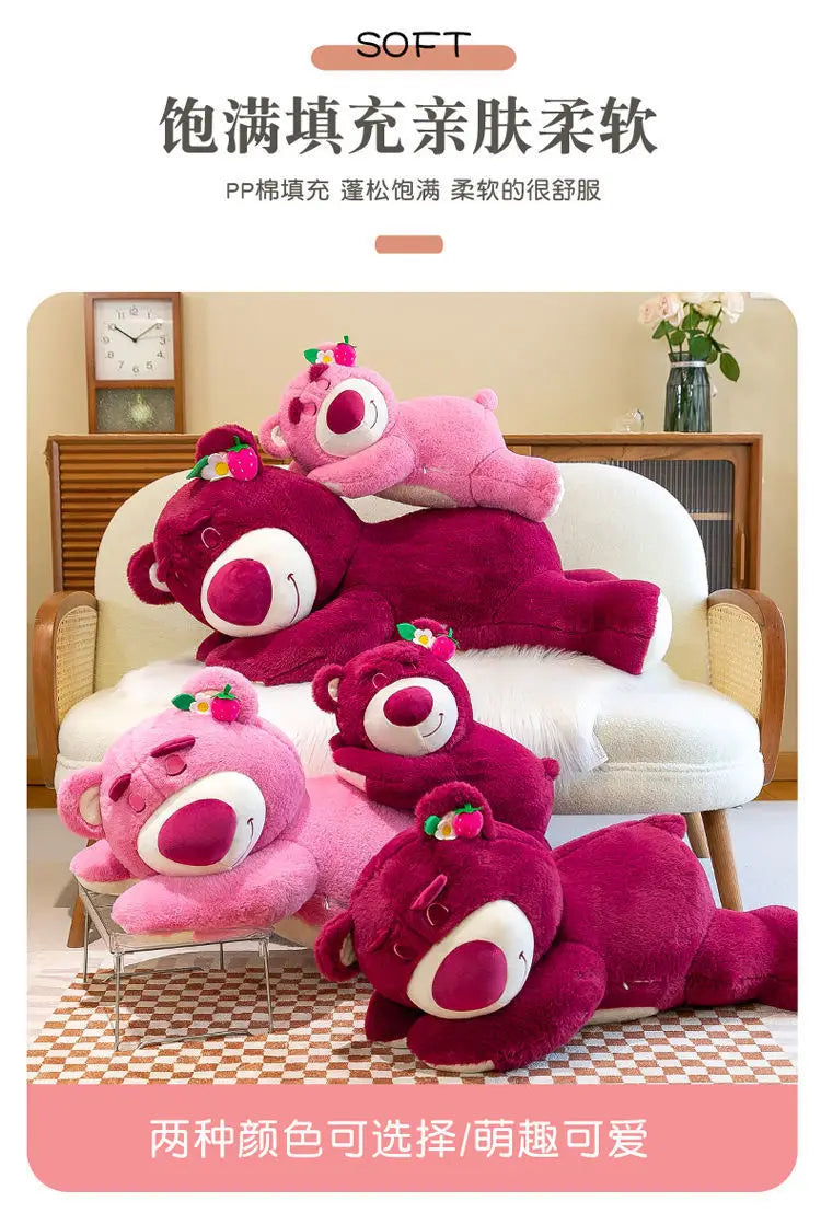 Kawaii Strawberry Bear Plush Stuffed Animal Lying Down Pillow