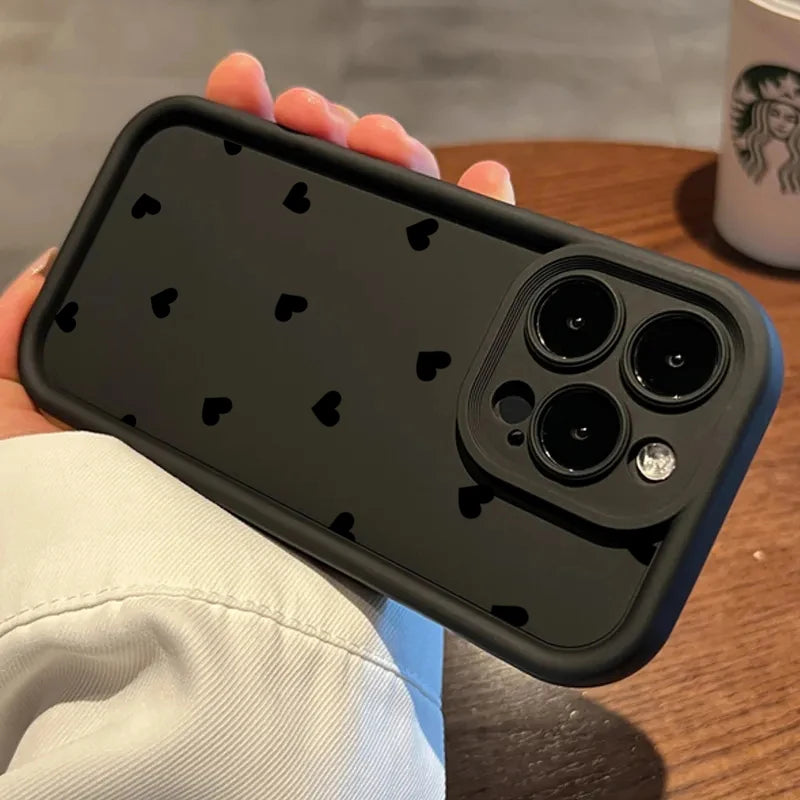 Black Love Heart Soft Matte Phone Case For iPhone 17 Air 14 Pro 16E Plus Cover For iPhone 15 16 17 Pro Max Cases