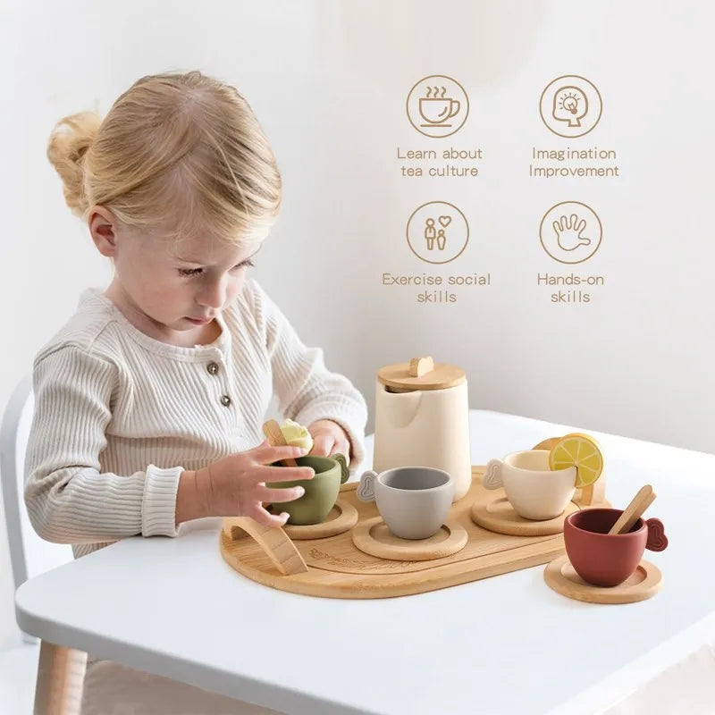 Baby Wooden Montessori Toys Playing House Afternoon Tea Set Model Puzzle Toys For Baby Birthday Toy Numbers Blocks Learning Toy