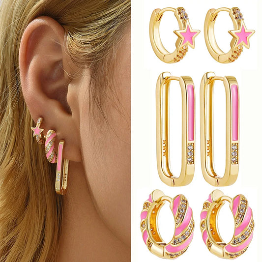 Cute Pink Color Enamel Geometric Square Star Huggies Earring New Trendy Zirconia Twist Hoop Earrings