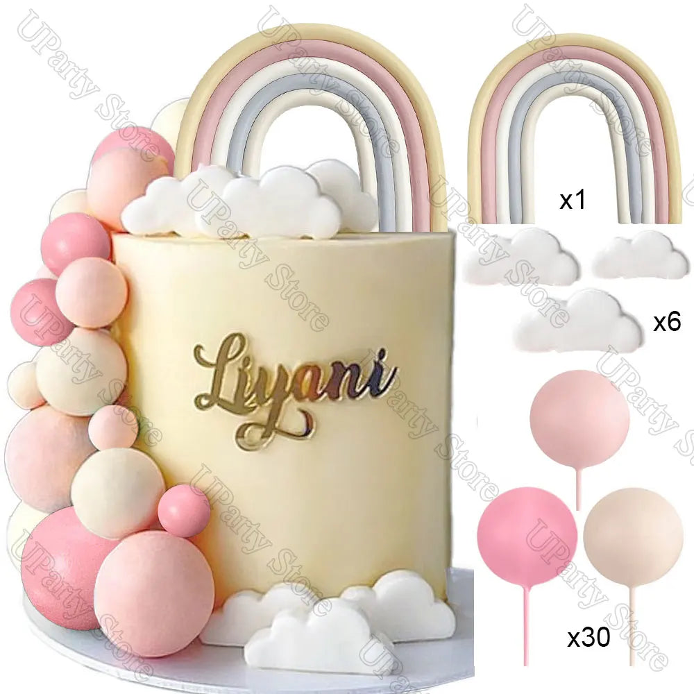 1 Set Pink Bear Cake Toppers Boho Rainbow Nude  Pink Balls Cake Decorations for Birthday Baptism  Shower Party Favor