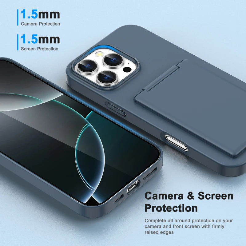 Luxury Solid Color Matte Wallet Card Slot Bracket Phone Case For iPhone 16 Pro Max 14 15 Pro Max Bumper Back Cover