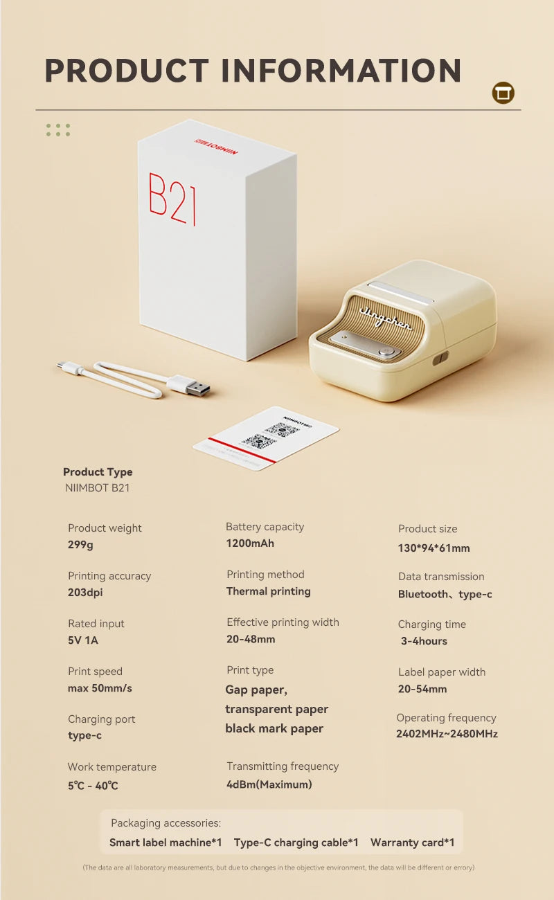 B21 Kitchen Label Printer, Bluetooth Wireless Thermal Label Maker 20–50mm, Inkless Freezer Sticker Printer for Home & Food Storage