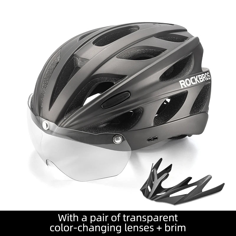 Bike Helmet with Photochromic Len Visor Wind-breaking Brim Bike Helmet Adult MTB Road Riding Cycling Helmet