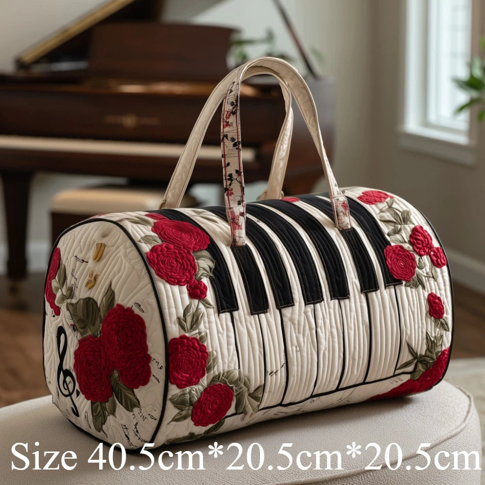 3D Printed Quilted Music Tote Bag Guitar Piano Floral Rose Design Travel Duffle Bag Carry on Luggage Unique Weekender Bag