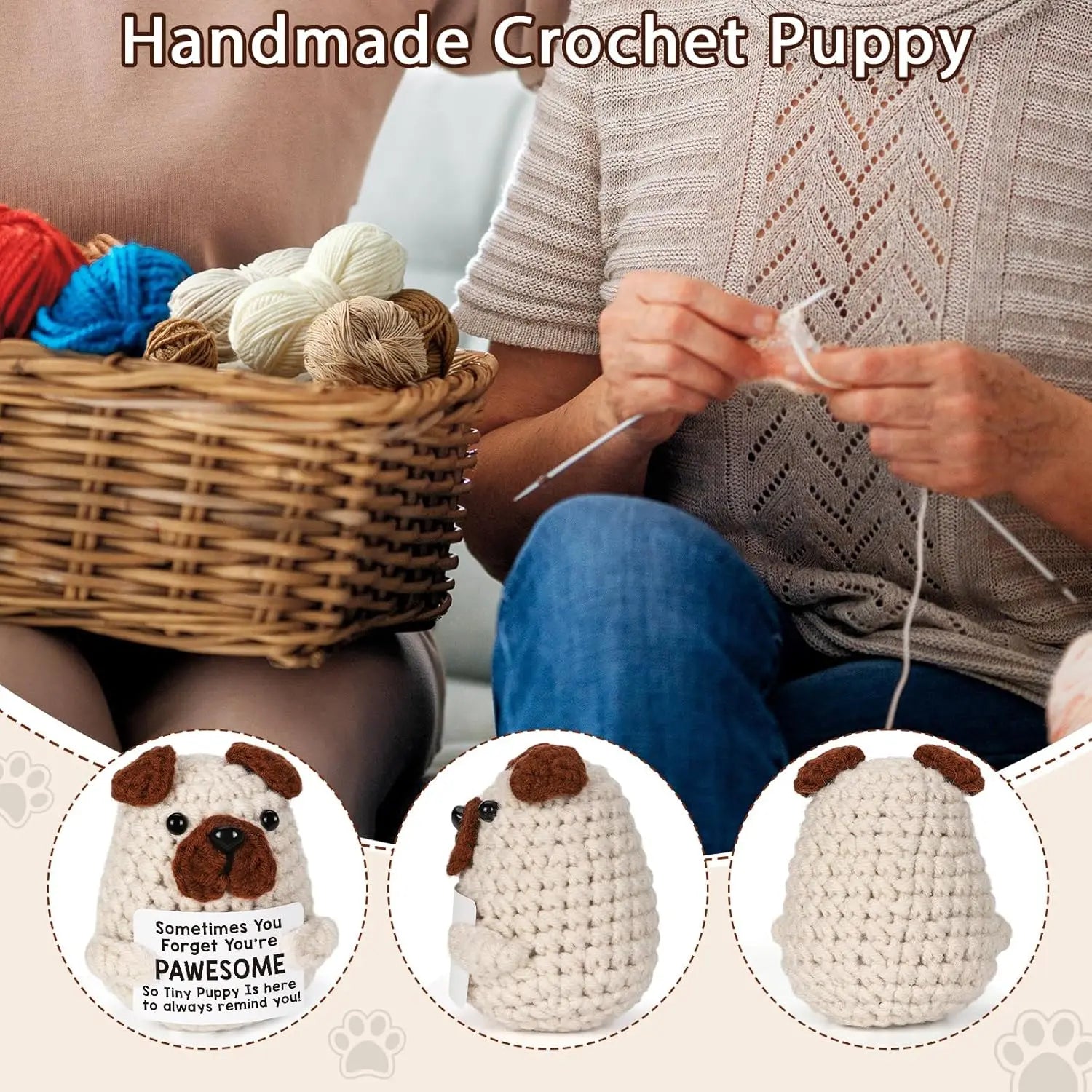 3 Pcs Funny Crochet Positive Energy Puppy With Card Desktop Ornament Handmade Knitted Emotional Support Dog doll Home Room Decoration