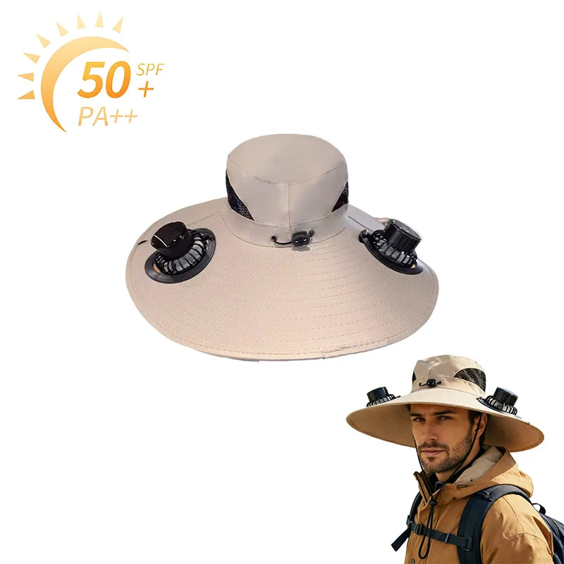 Wide Brim Fishing Hat With Dual Solar Fans