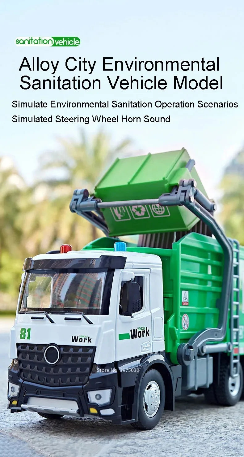 1:24 Scale Watering Cement Dump Trucks Model Garbage Truck Toy Car Sound Light Doors Opened Engineering Vehicles  Gifts