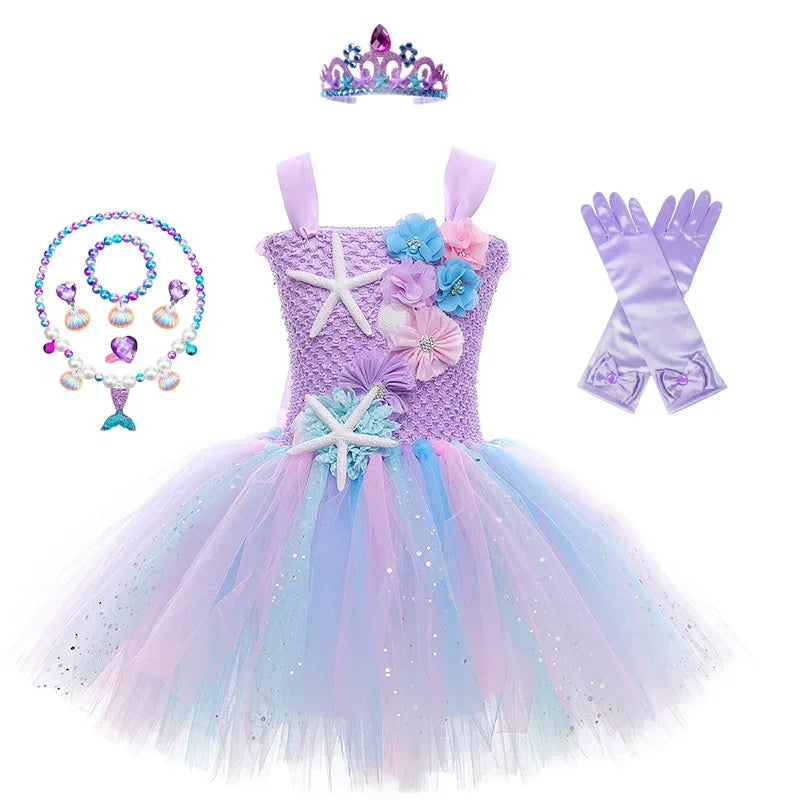 Pastel Mermaid Princess Tutu Dress with Flower Headband Party Costume