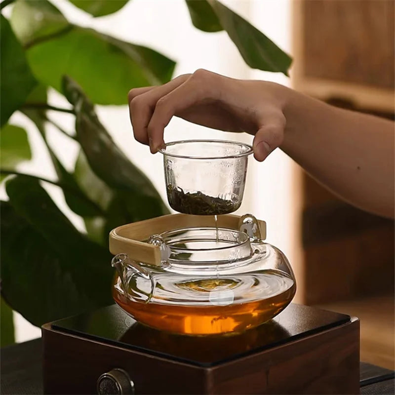 Japanese Style High Borosilicate Glass Teapot with Bamboo Handle