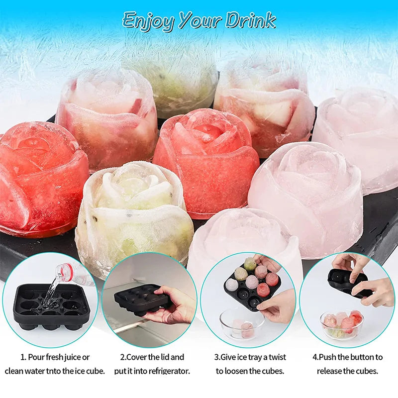 3D Rose Ice Molds 1.3 Inch, Small Ice Cube Trays, Make 9 Giant Cute Flower Shape Ice, Silicone Rubber Fun Big Ice Ball Maker