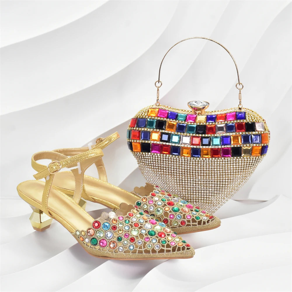 Italian Shoes and Bags Matching Set Rhinestones African Pointed Toe Women High Heel Evening Party Pumps Wedding Shoes Bride