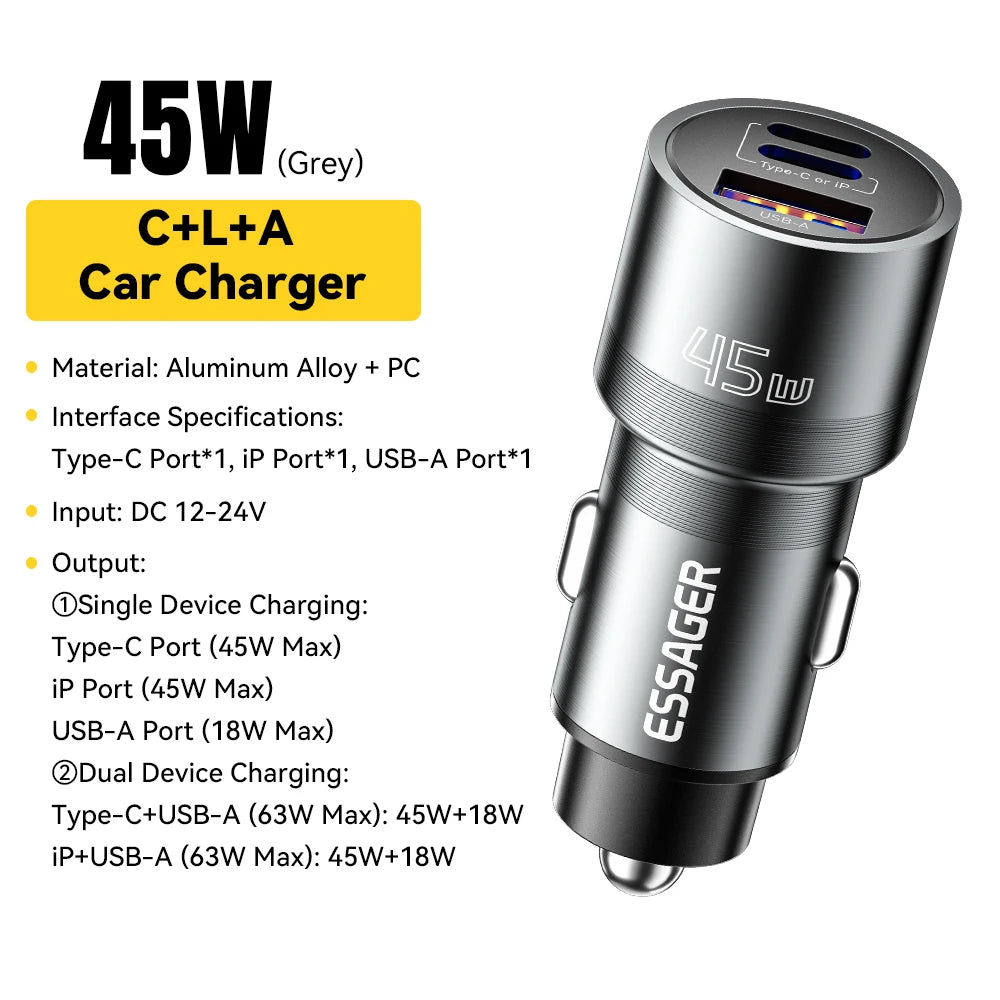 45W USB C Car Charger 3 Port PD 3.0 QC 3.0 PPS Fast Charging with Lightning iP Port