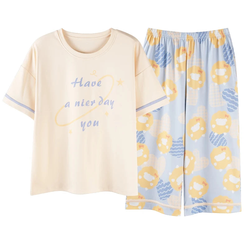 2-Pcs Women’s Cotton Pajama Set – Breathable Short Sleeve Summer Sleepwear with Cute Prints