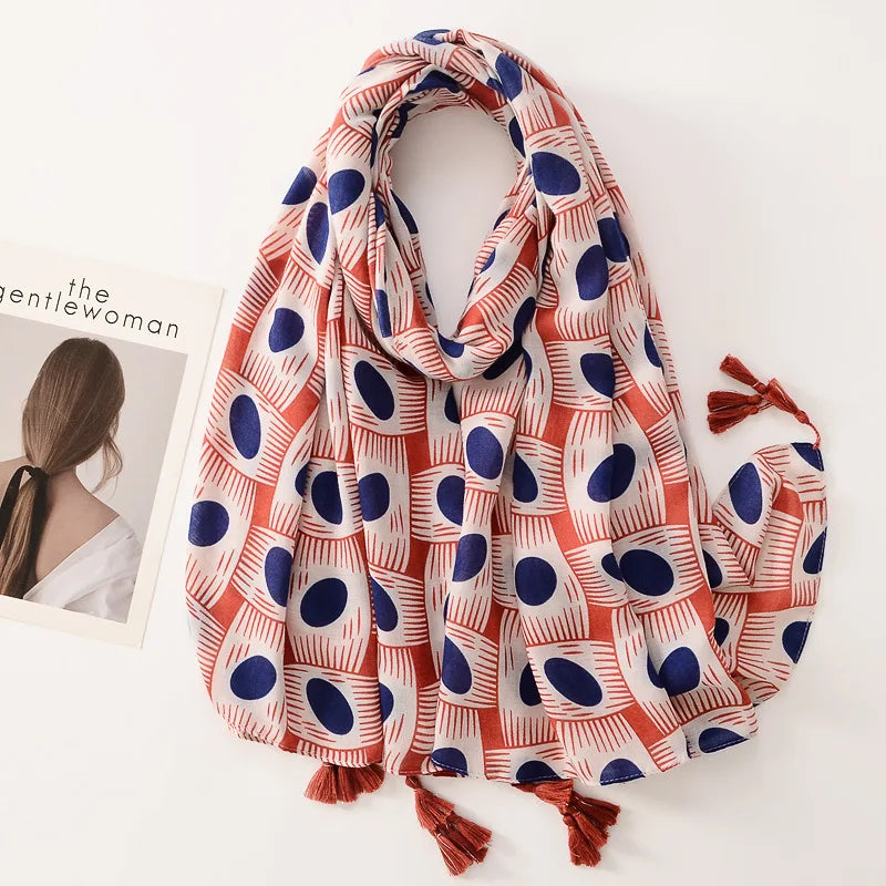 Beige Coffee Scarf Luxury Thin Women Scarves Spring Floral Hijab Veils Soft Cotton Shawl Wrap Tassel Viscose Muslim Woman Hijab