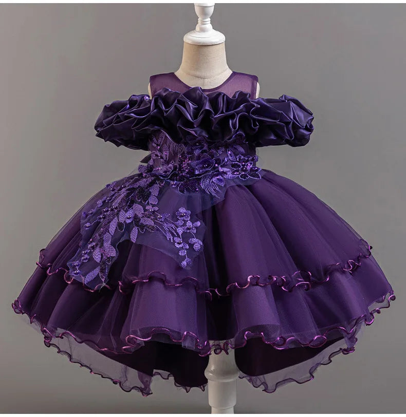 Luxury Off-Shoulder Gown with Train for Girls  Tulle Dress for Fashion Walk Show & Pageants