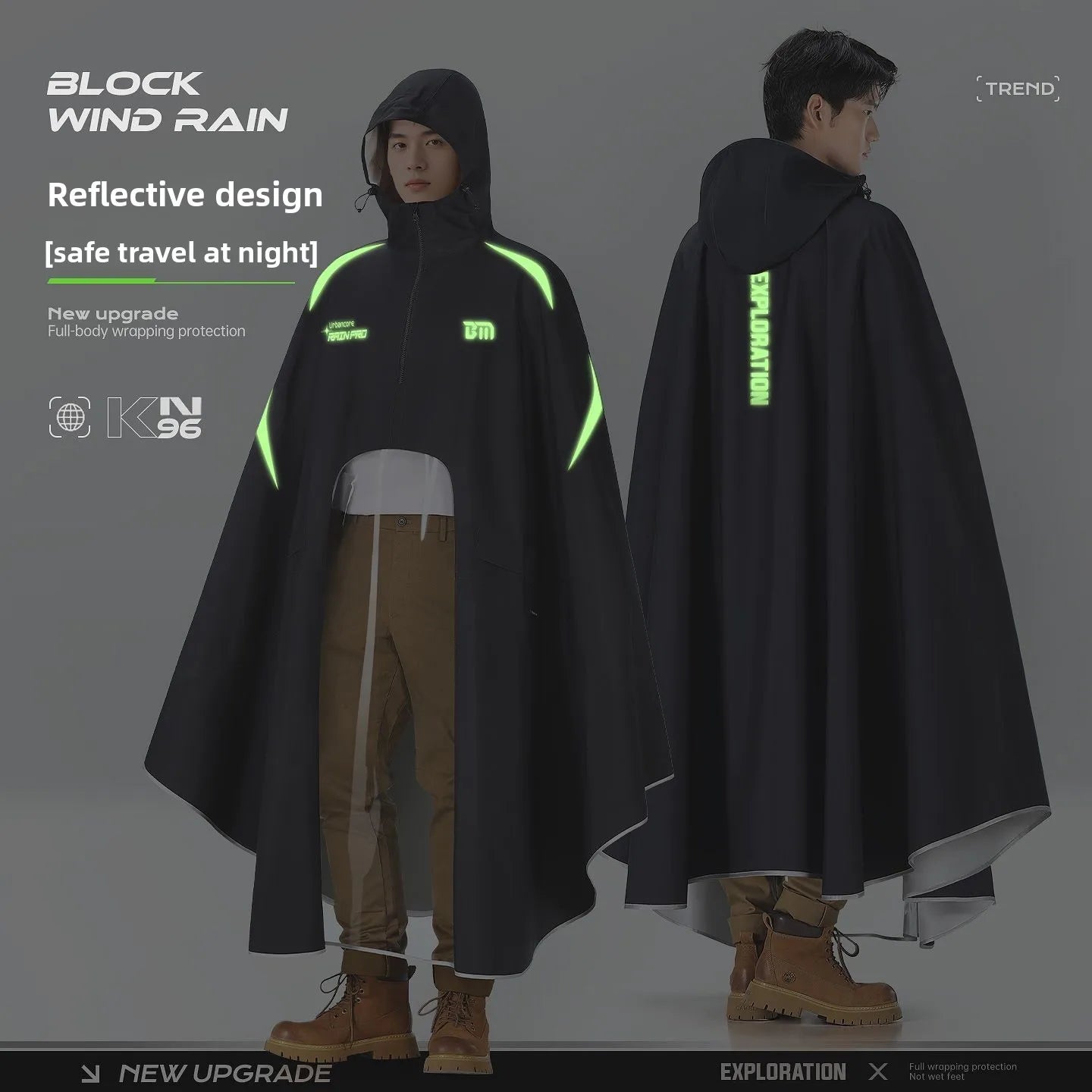 Full Body Waterproof Hooded Rain Poncho with Reflective Details for Motorcycle Riding