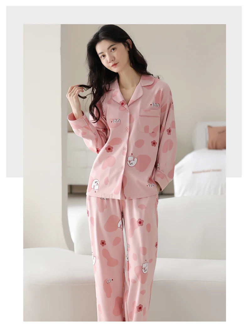 Women’s Winter 100% Cotton Pajama Set – Loose Fit, Turn-Down Collar, Long Sleeves, Cute Pink