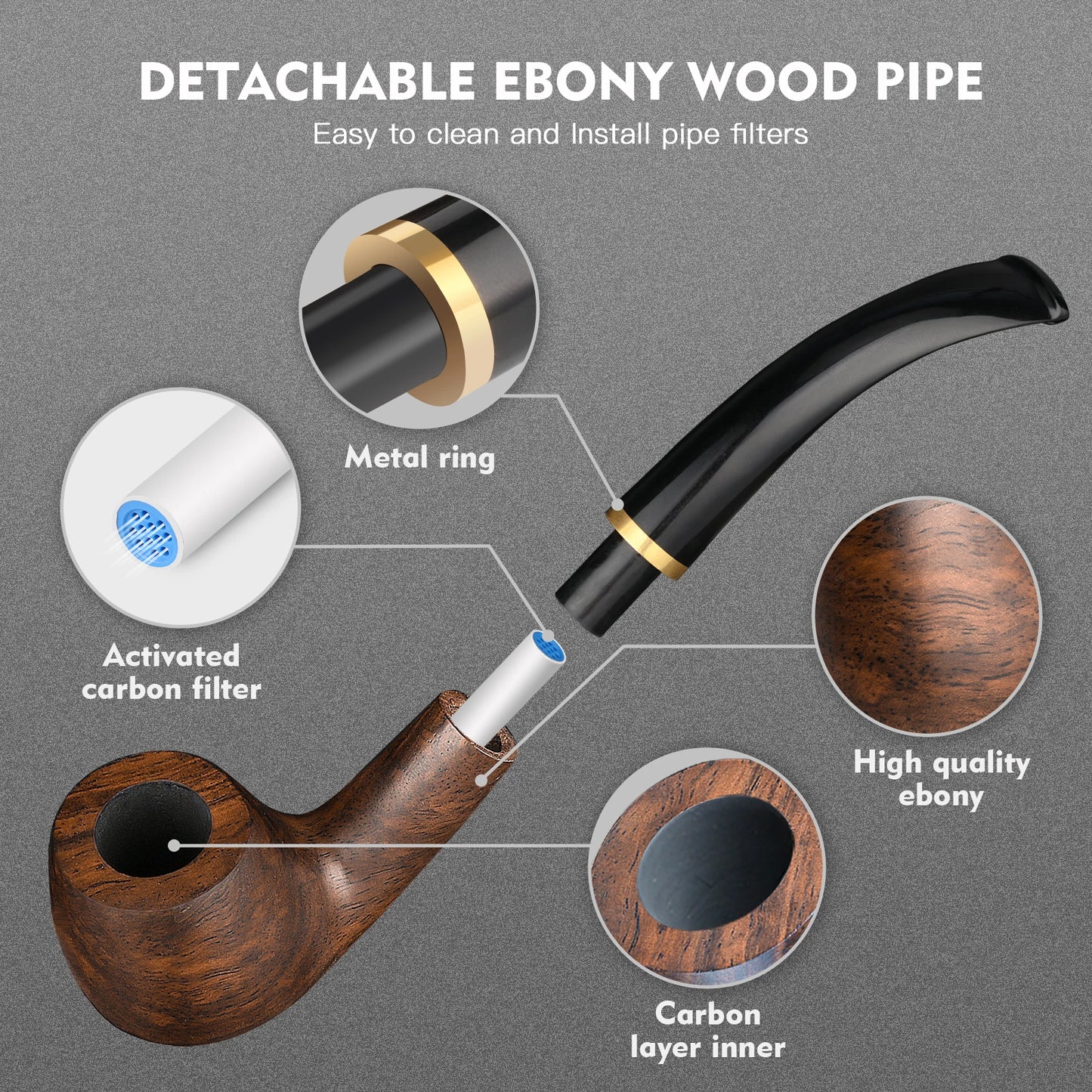 Tobacco Pipe Handmade Ebony Wood Root Pipe Gift Box and Accessories