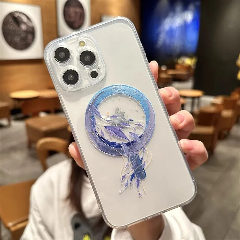Magsafe Magnetic Transparent Cartoon Rose Flower Phone Case iPhone 16 15 14 Pro Max 16 Plus Wireless Charge Clear Funda