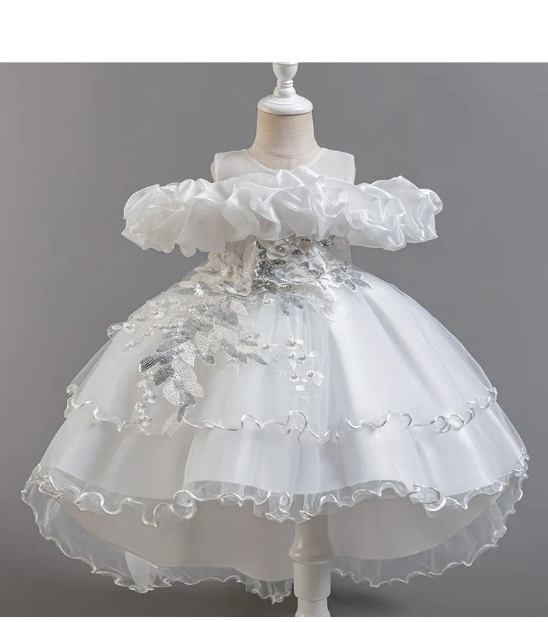 Luxury Off-Shoulder Gown with Train for Girls  Tulle Dress for Fashion Walk Show & Pageants