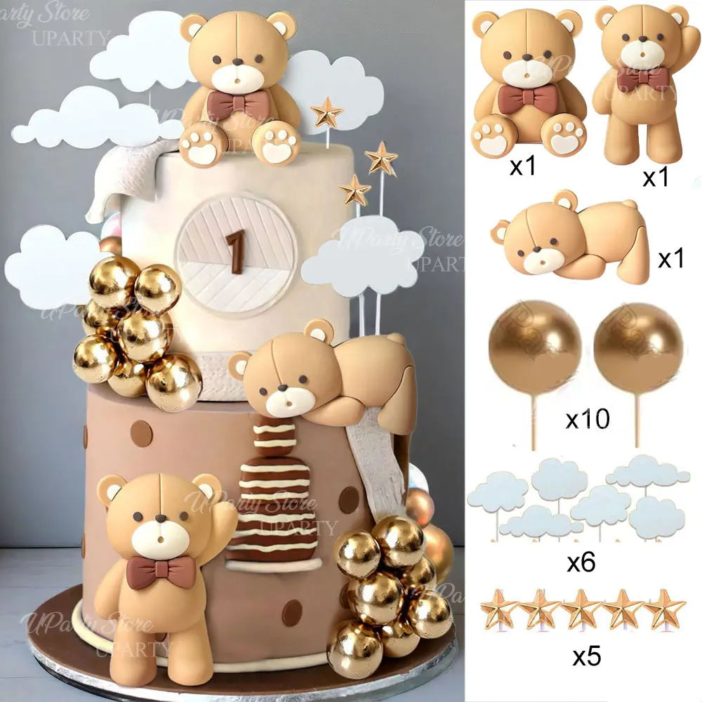 1 Set Pink Bear Cake Toppers Boho Rainbow Nude  Pink Balls Cake Decorations for Birthday Baptism  Shower Party Favor