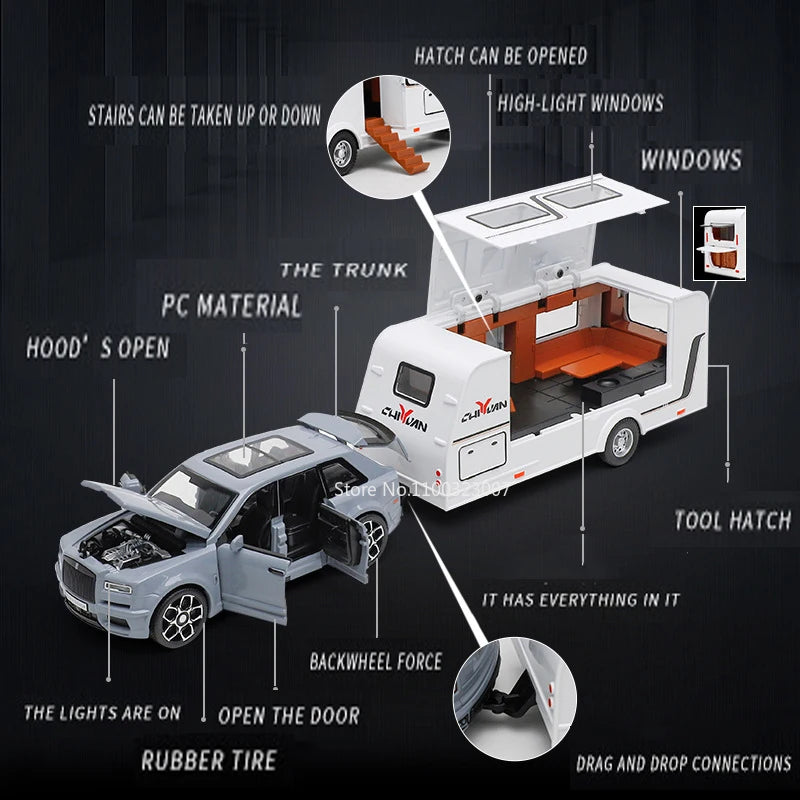 1/32 Rolls Royce Cullinan RV Car Model Alloy Diecast Off-road Vehicle Toy With Sound and Light Camping Car Model  For Boys Gifts