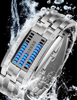 Business Men Stainless Steel Blue Binary Luminous LED Electronic Watch Displays Waterproof Fashion Women Led Watch