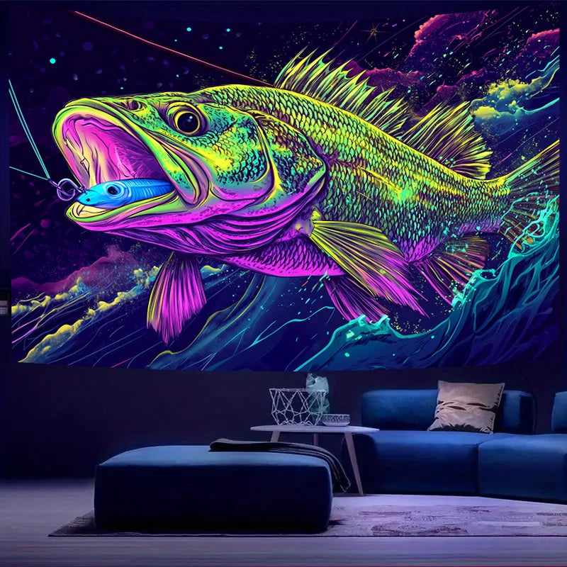 Bigmouth Black Bass Tapestry Neon Starry Sky Background Wall Decor for Living Room Game Room and Bedroom