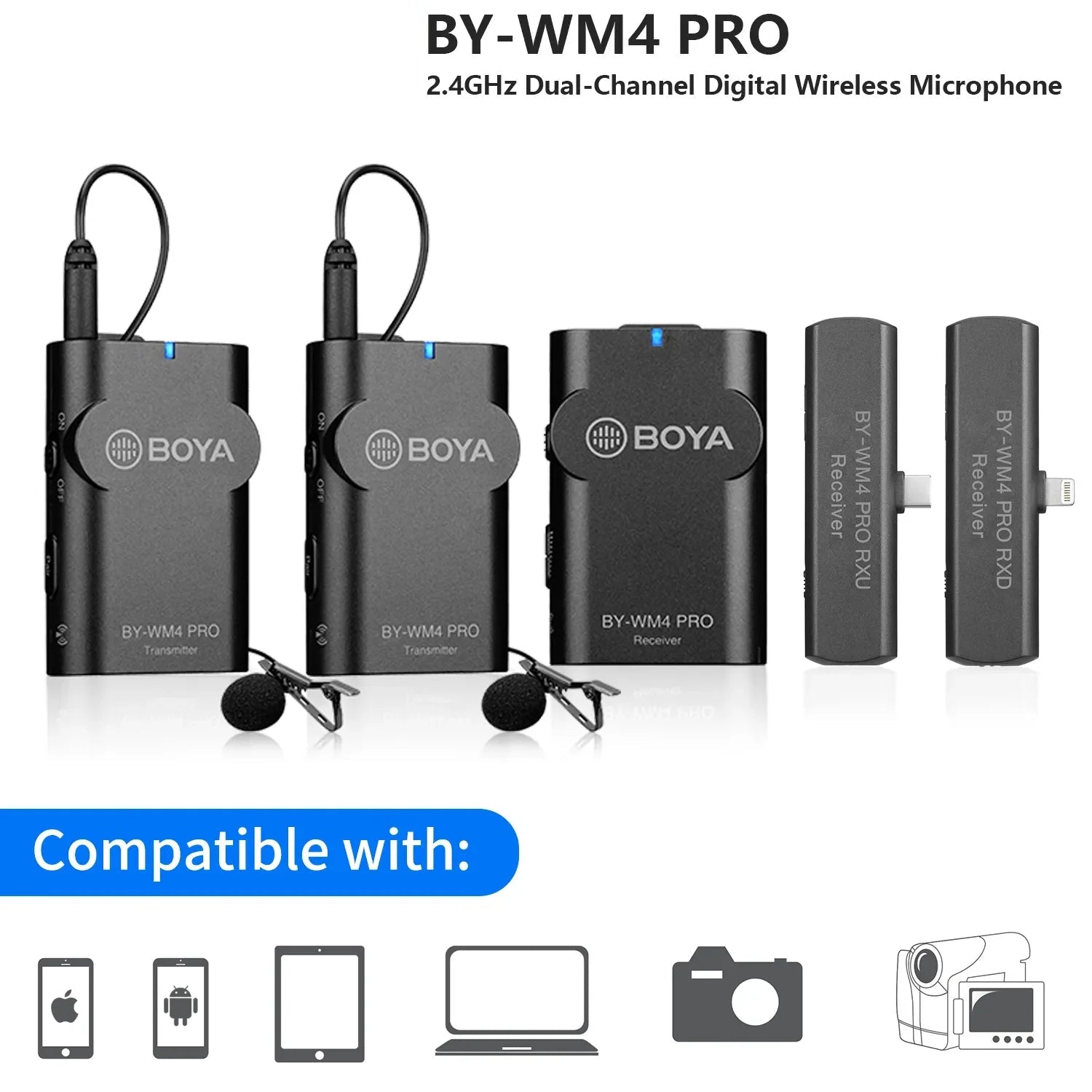 BY-WM4 PRO Wireless Lavalier Microphone for iPhone Android Smartphone DSLR Cameras Youtube Recording Live Streaming Vlog