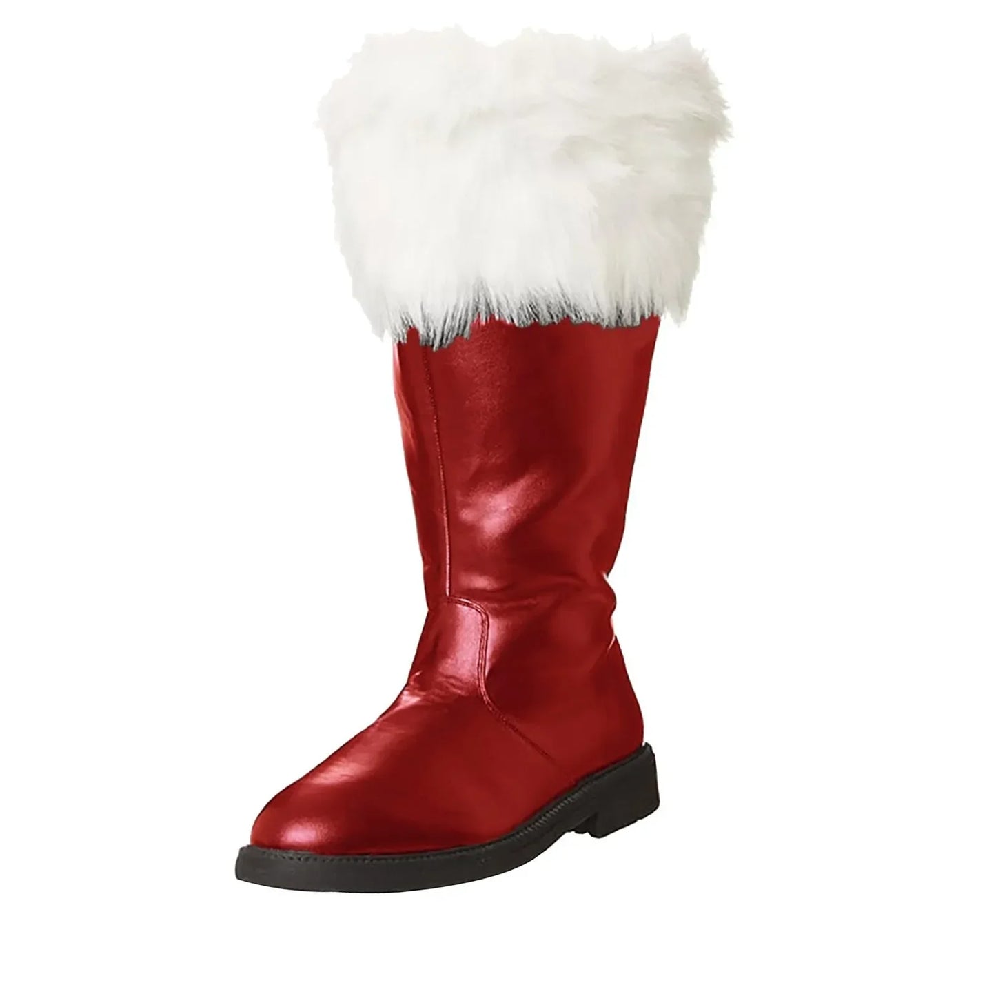 Christmas Santa Claus Boots Cosplay Black Leather Shoes White Plush Cuffs Foot Halloween Christmas Winter Boots