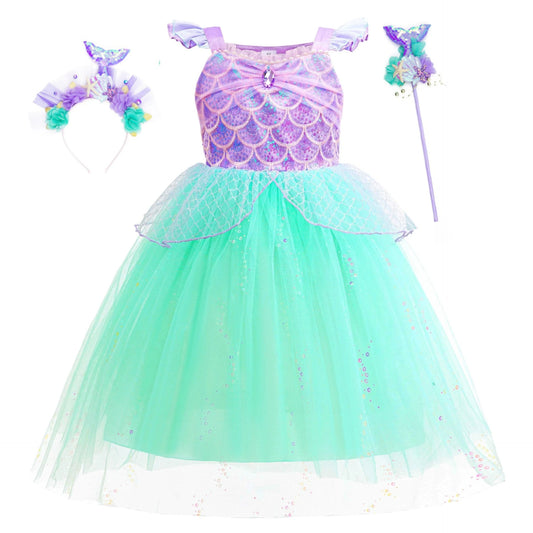 Sparkle Mermaid Princess Dress with Flutter Sleeves Sequin Tulle Party Costume