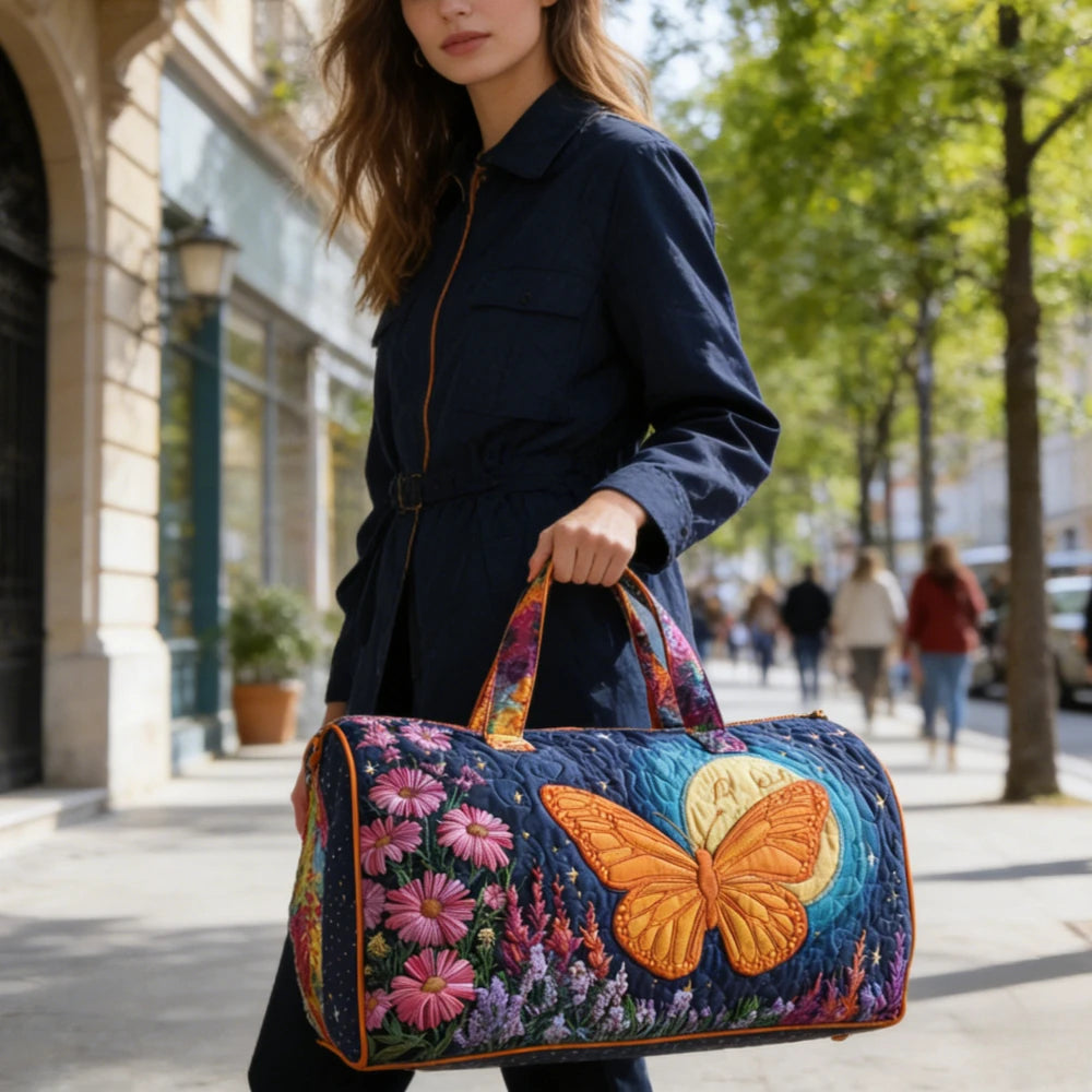 3D Quilted Duffel Bag Butterfly Print Colorful Roses Hydrangea Travel Weekender Large Capacity Gym Bag Women Vibrant Boho Style