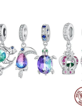 925 Sterling Silver Bi Color Sea Turtle Charms Toucan Pendant Red Crown Beads