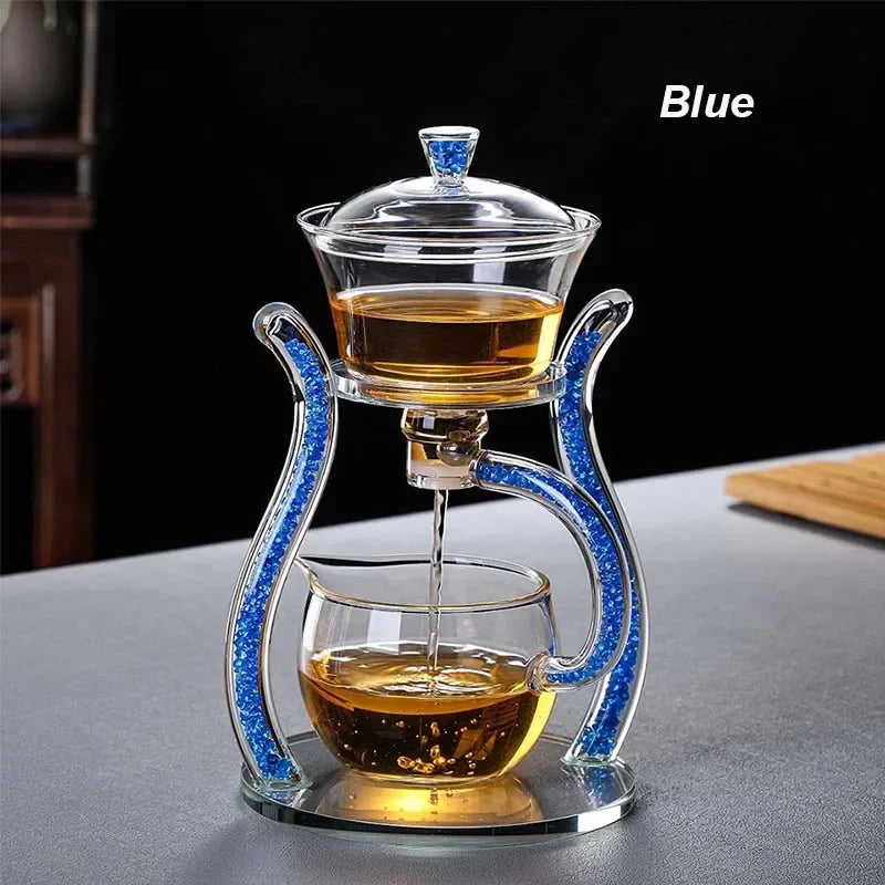 Glass Automatic Lazy Tea Set  Crystal Glass Teapot Set Rotating Cover Kung Fu Heat-Resistant Teapot 6 Cups