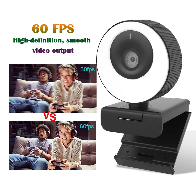 1080P Webcam Live Streaming Fill Light Web Cam for Pc USB Camera Auto Focal 60FPS for Online Study Conference Video Recording