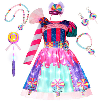 LED Light Up Princess Candy Dress For Girl Lollipop Party Clothing Kids Cosplay Costume New Years Dress 2-10Y