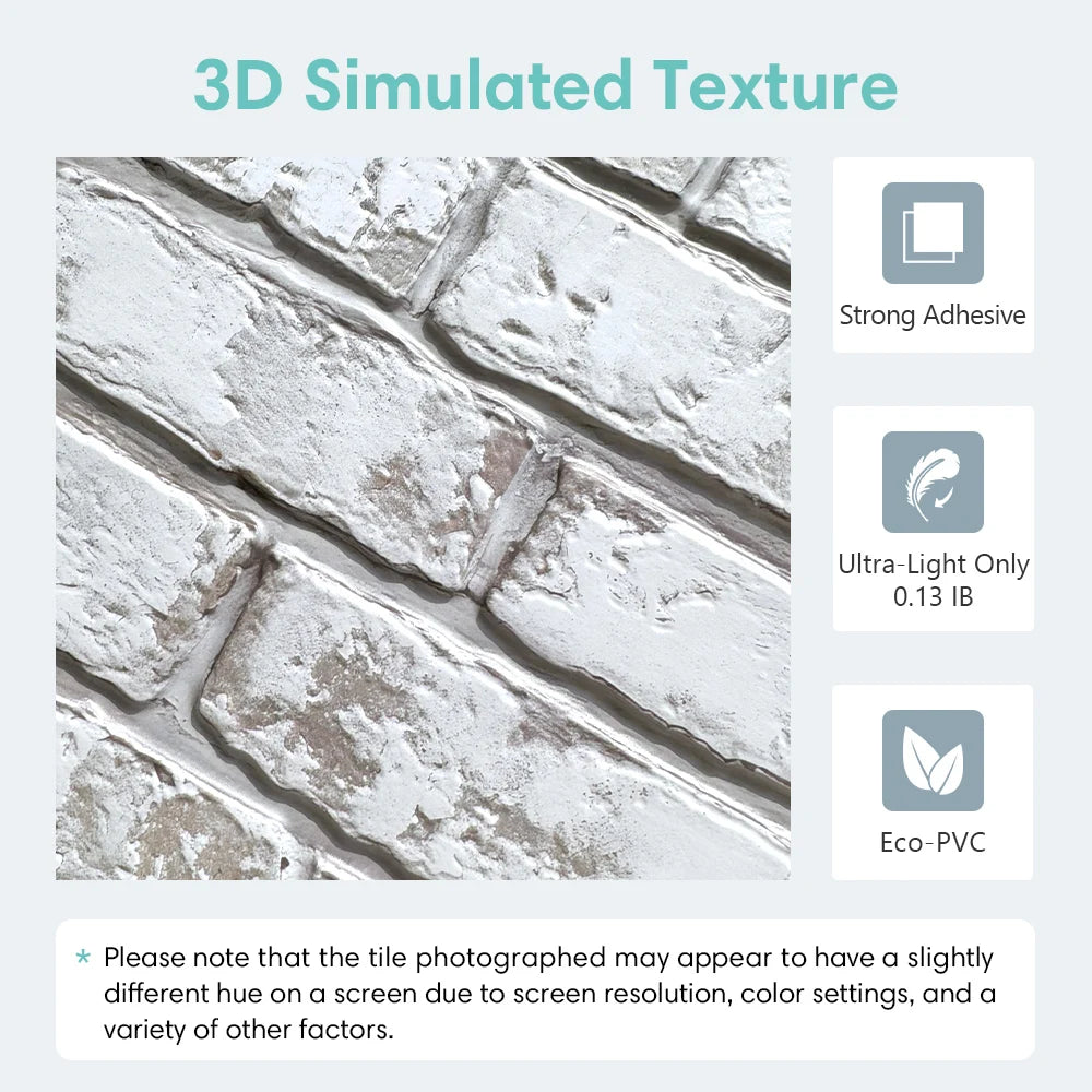 10pcs 3D Tile Stickers, 3D Whitewash Brick Textures, Matte, 30cm x 30cm, Water and Mold Resistant, for Living Room Kitchen Wall Update