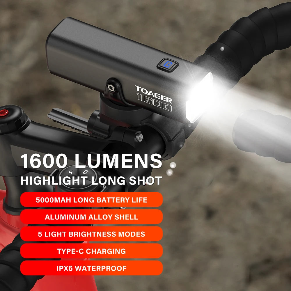 1600LM Bike Light Front Lamp TypeC Rechargeable LED 21700 5000mAh Bicycle Light Waterproof Headlight Bike Accessories