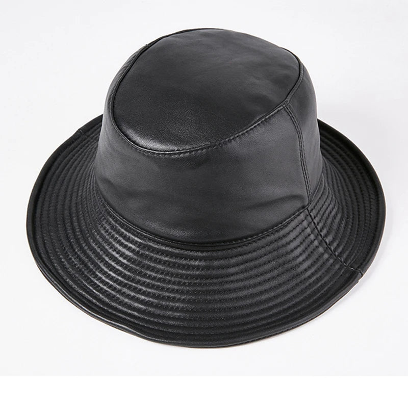 Spring Winter Japanese Women Genuine Leather Bucket Hats Black Fisherman Caps Easy Carry Street Bonnet