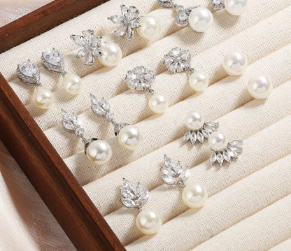 Imitation Pearl Flower Stud Earrings Shinny Marquise Zircon Wedding Earring