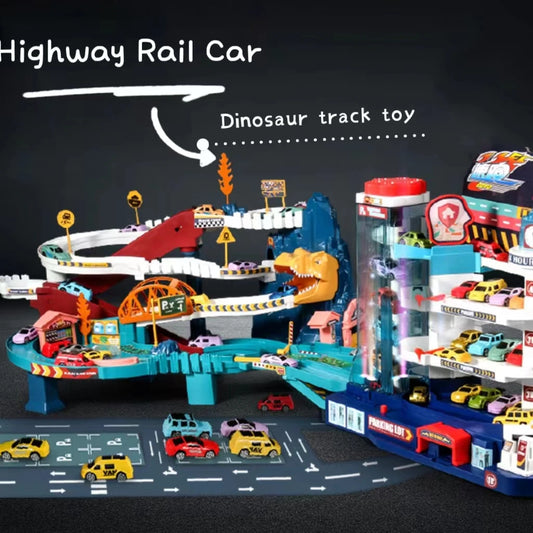 Electric Rail Car Dinosaur Building Parking Lot Adventure Racing Rail Car Toys Brain Mechanical Interactive Rail Cars