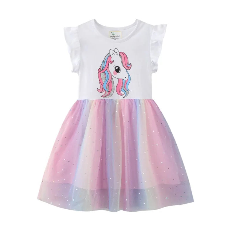 Unicorn Butterfly Princess Cotton Dress for Girls Summer Knee Length Dress