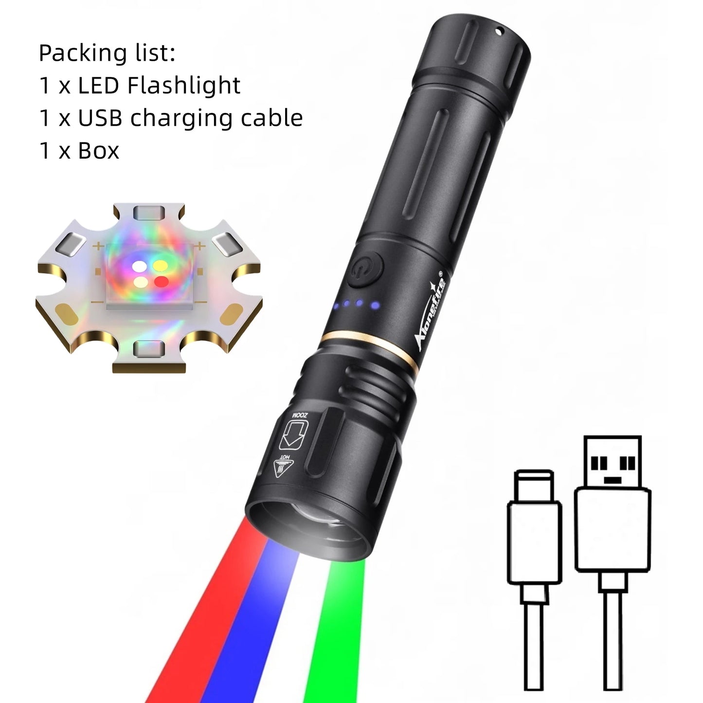 4 In 1 RGB Rechargeable Zoom LED Flashlight