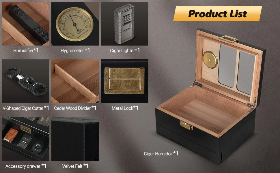 Cigar Humidor, Glass Top Cedar Wood Humidor Box, Cigar Case for 20-35 Cigars with Hygrometer, Cigar V-Cutter, Desktop Humidor