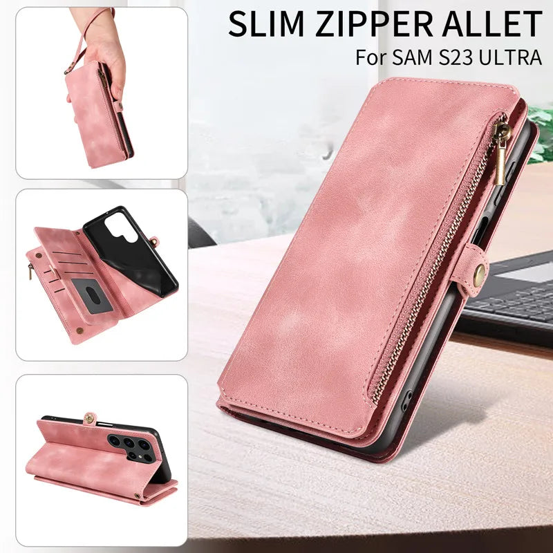 Luxury Leather Flip Wallet Case with Lanyard for Samsung Galaxy S26 / S25 / S24 / S23 Ultra & Plus – Magnetic Full Coverage Phone Bag Cover