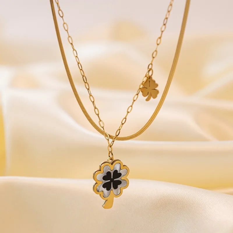 Titanium Steel Four Leaf Clover Pendant Necklaces For Women Girls 18K Gold Plated Shell Earrings Jewelry 45cm